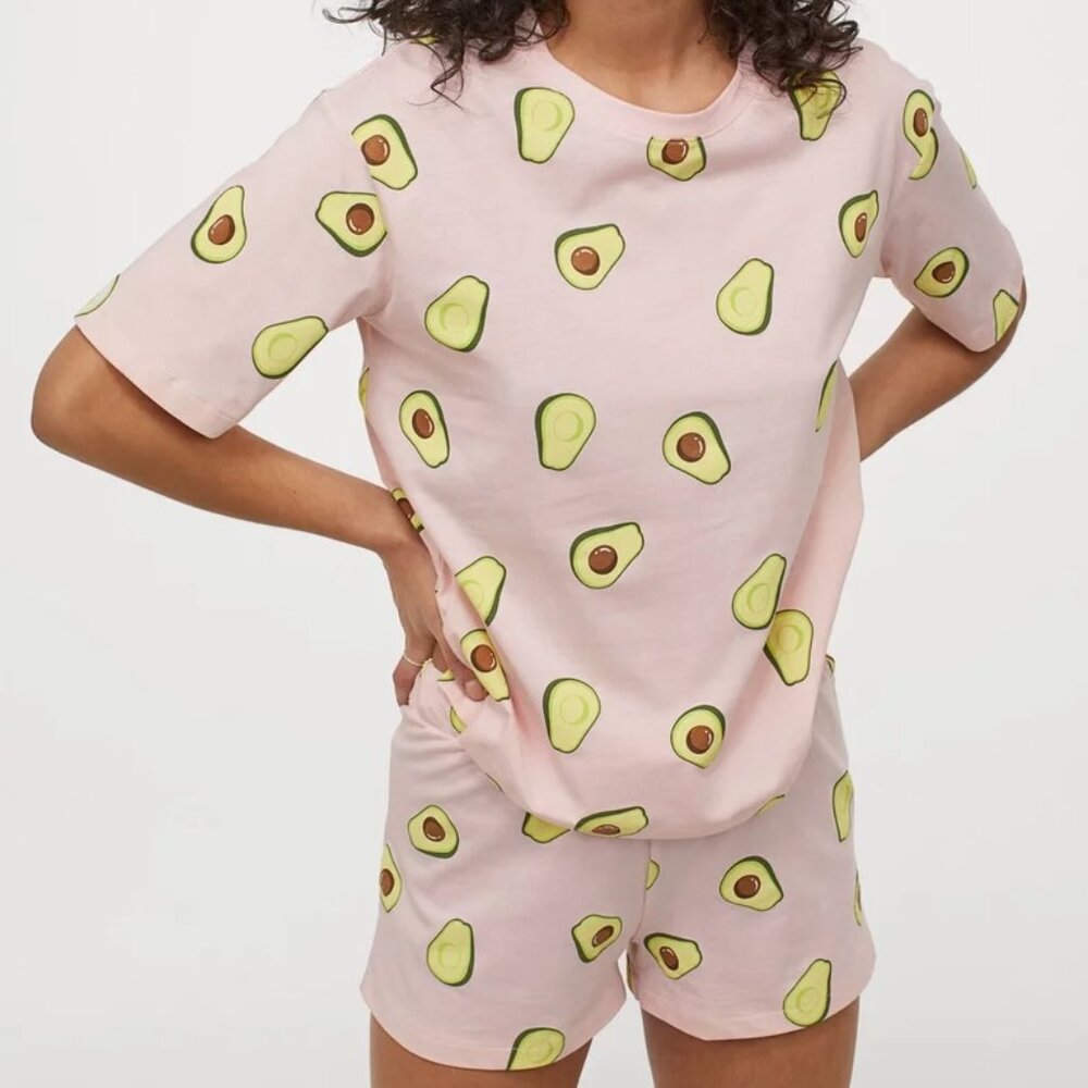 Pink avocado print jersey tee shirt and short pyjama set